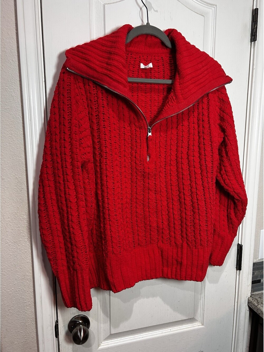 Aerie Cable Car Quarter Zip Sweater Holiday Red Chenille Soft Sz S Oversized